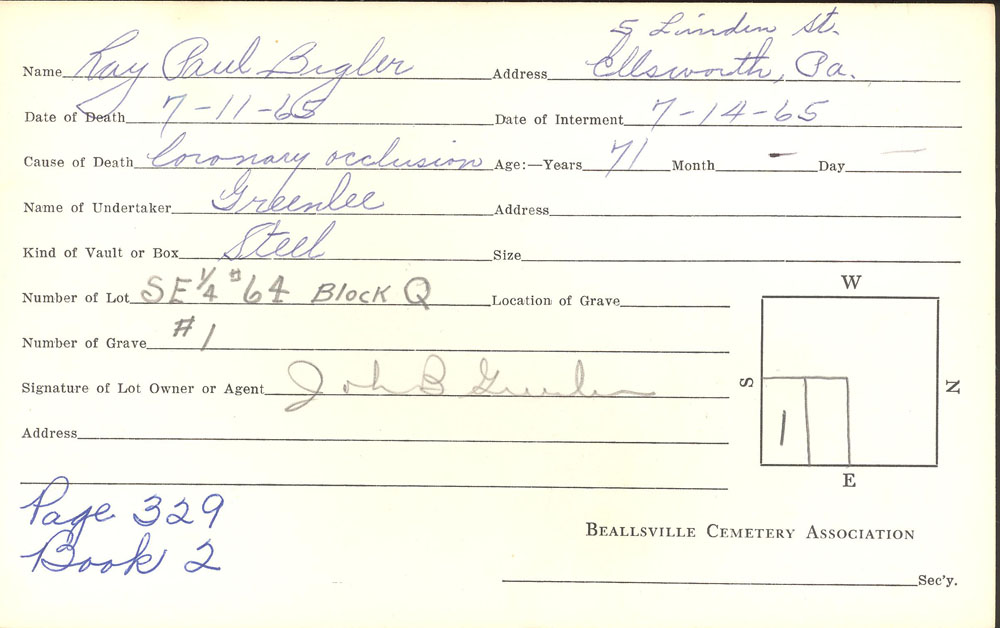 Ray Paul Bigler burial card
